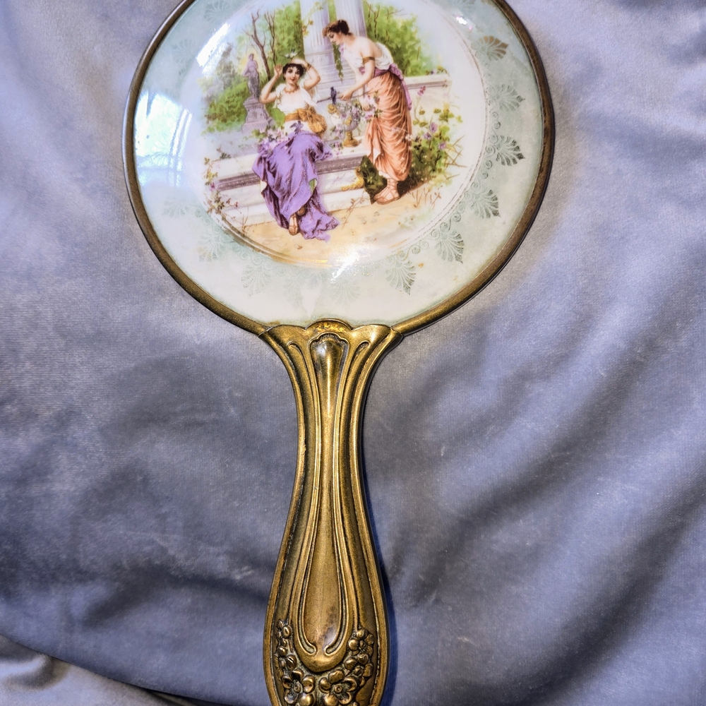 Art Noveau Two Ladies Vintage Handheld Mirror with Gold Handle